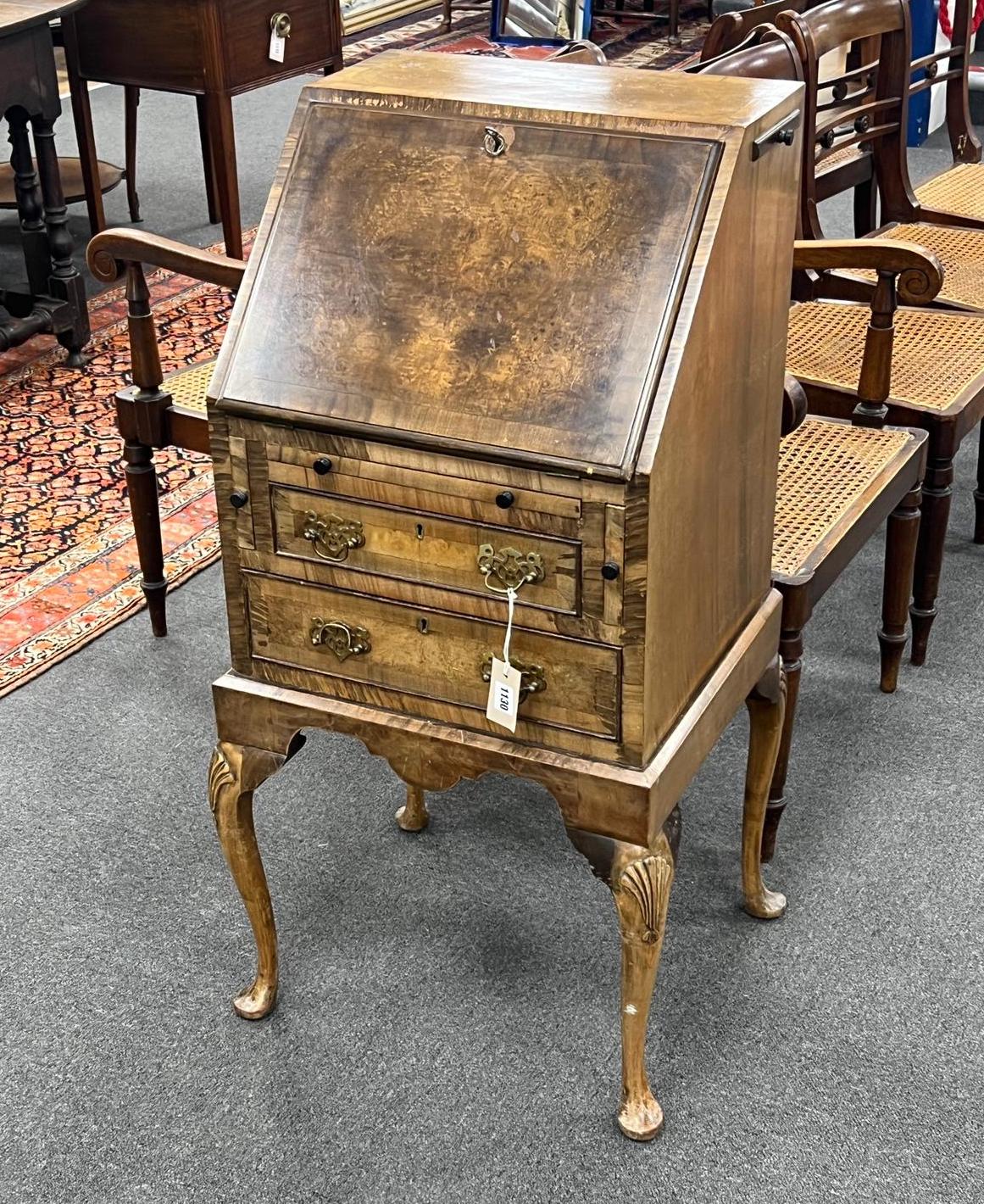 A small Queen Anne revival walnut and simulated walnut bureau, width 49cm, depth 43cm, height 101cm